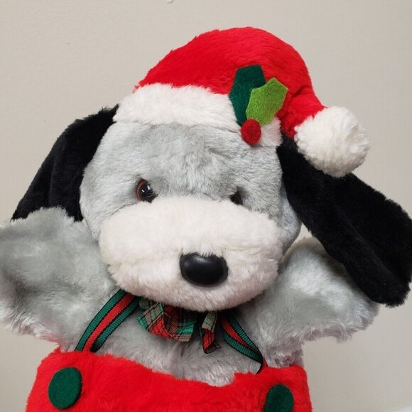 Santas Best 14" Gray Dog Christmas Holiday Stocking Puppet Vintage Rennoc Plush - Picture 6 of 7